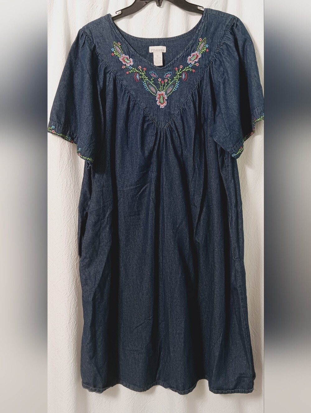 Phases Vintage  Denim Embroidered Short Sleeve House Dress Size XL